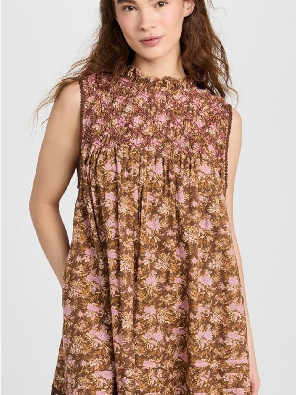 Free People Brown Floral Smocked-Neck Sleeveless Camisole with Pink Accents